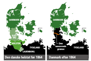 Tegninger af den dansk/tyske grænse før og efter 1864. Før 1864 var Slesvig, Holsten og Lauenborg en del af Danmark. Ved fredstraktaten af 23. december 1864 blev Kongeåen fra Fårkrog til Villebøl en del af landegrænsen mellem Danmark og Preussen. 